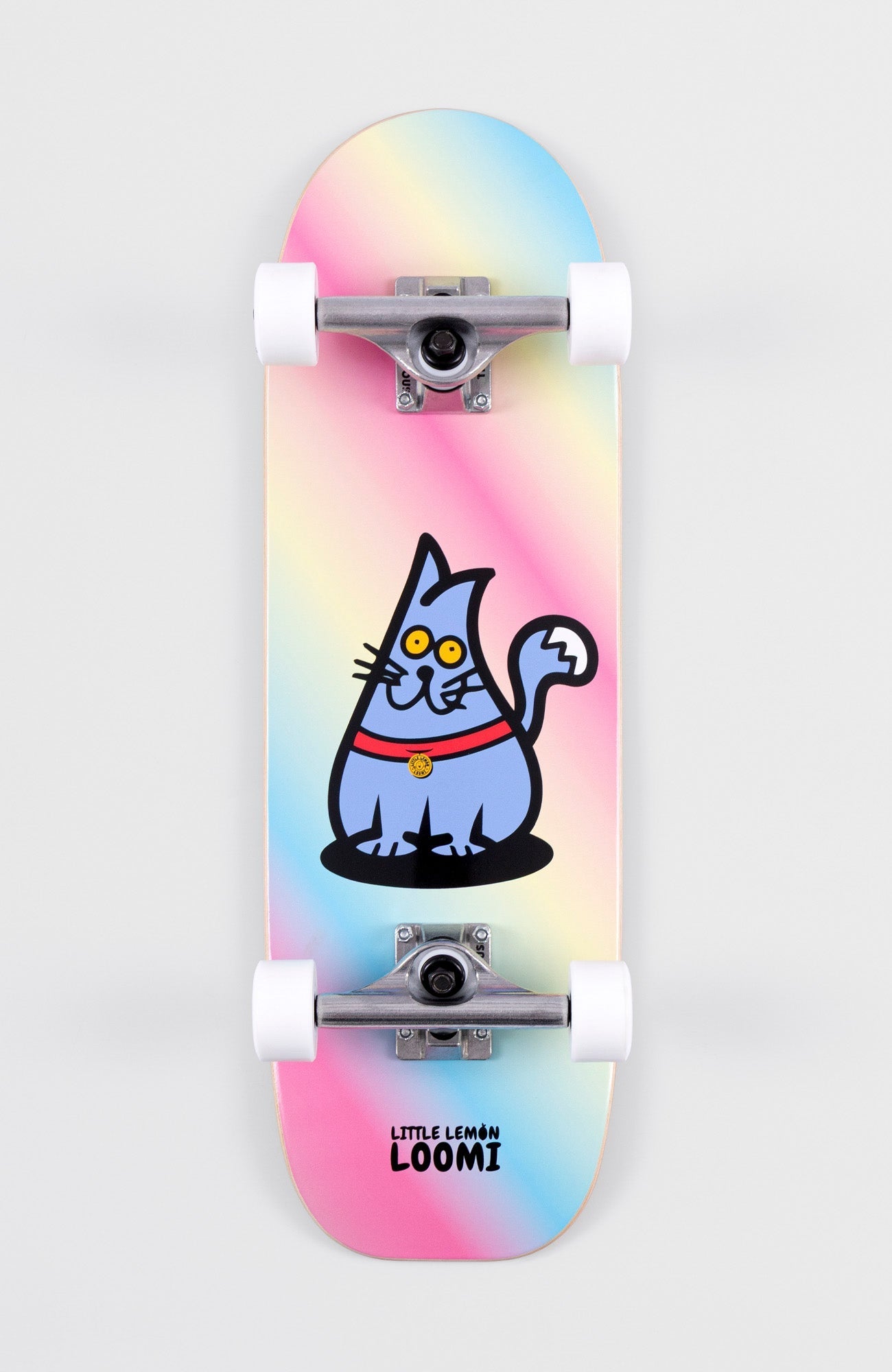 Kids Skateboard, Rainbow background and Cat graphic. Cork griptape
